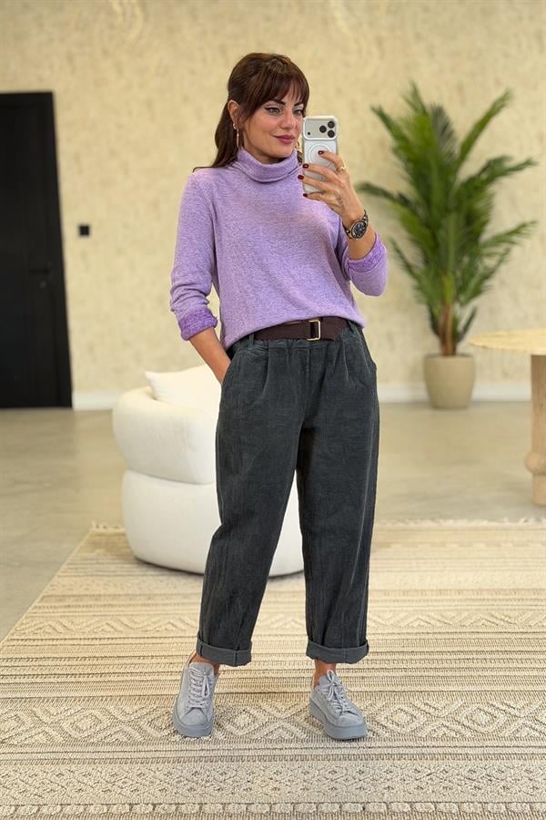 İçi Jardonlu Düz Basic Balıkçı Yaka Triko Lila Renk