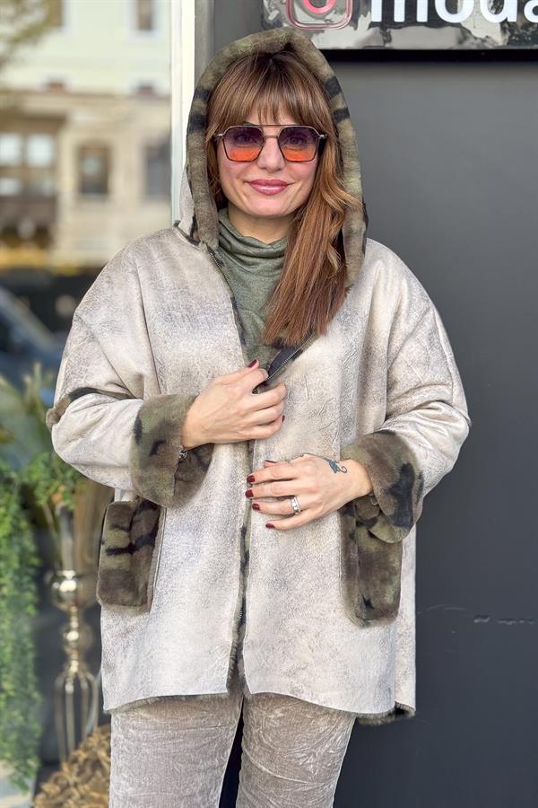 İçi Kamuflaj Desenli Güderi Kaban Bej Renk