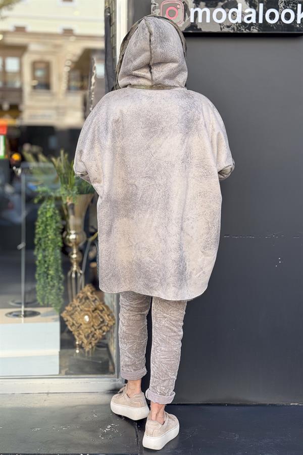 İçi Kamuflaj Desenli Güderi Kaban Bej Renk