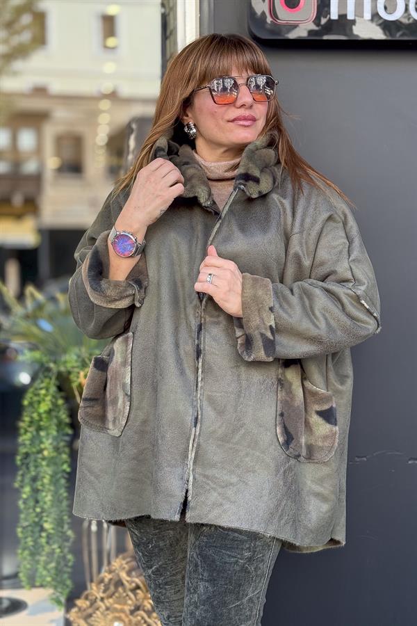 İçi Kamuflaj Desenli Güderi Kaban Haki Renk