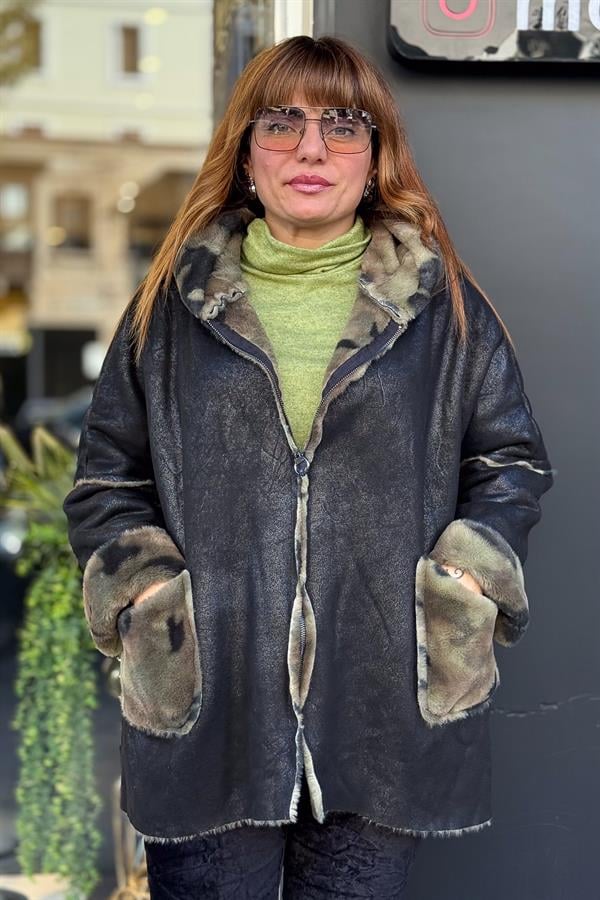 İçi Kamuflaj Desenli Güderi Kaban Siyah Renk