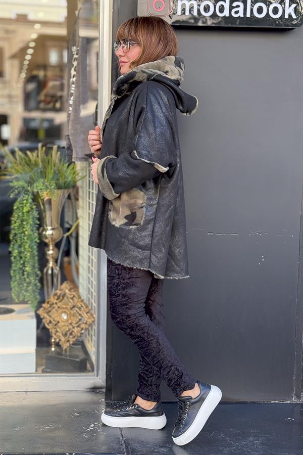 İçi Kamuflaj Desenli Güderi Kaban Siyah Renk