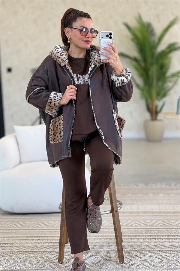 İçi Leopar Desenli Güderi Kaban Kahverengi Renk
