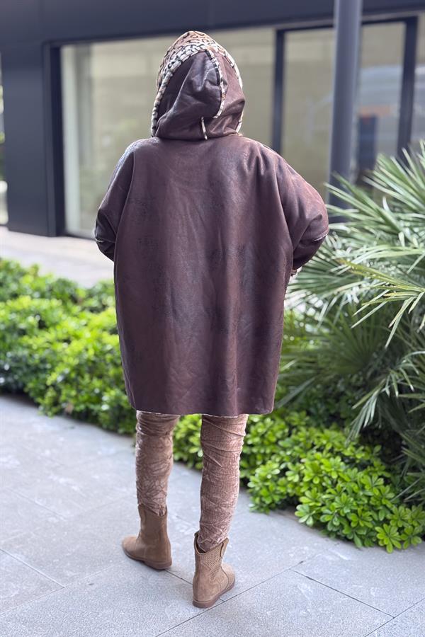 İçi Leopar Desenli Güderi Kaban Kahverengi Renk