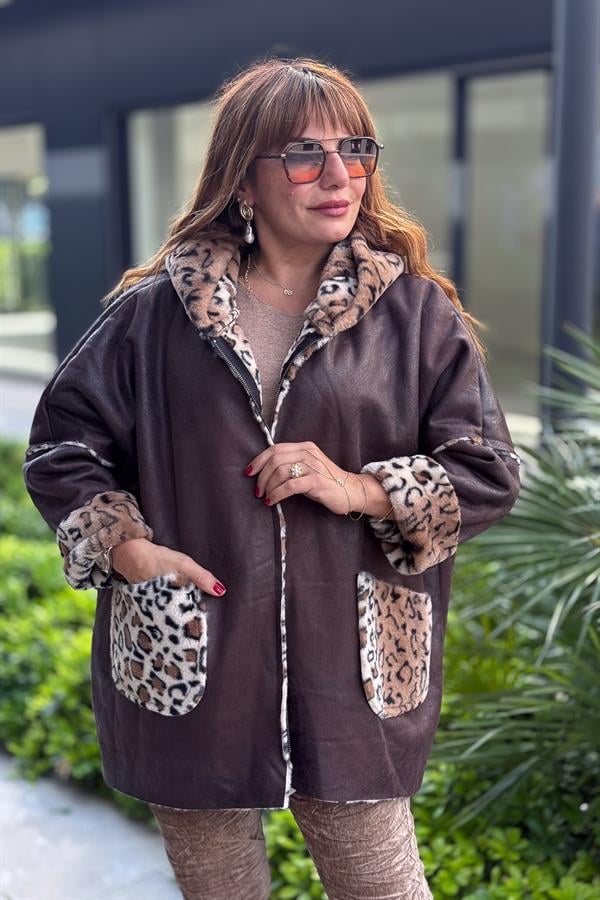 İçi Leopar Desenli Güderi Kaban Kahverengi Renk