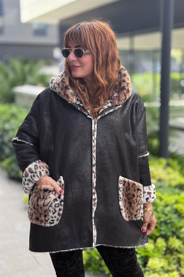 İçi Leopar Desenli Güderi Kaban Siyah Renk