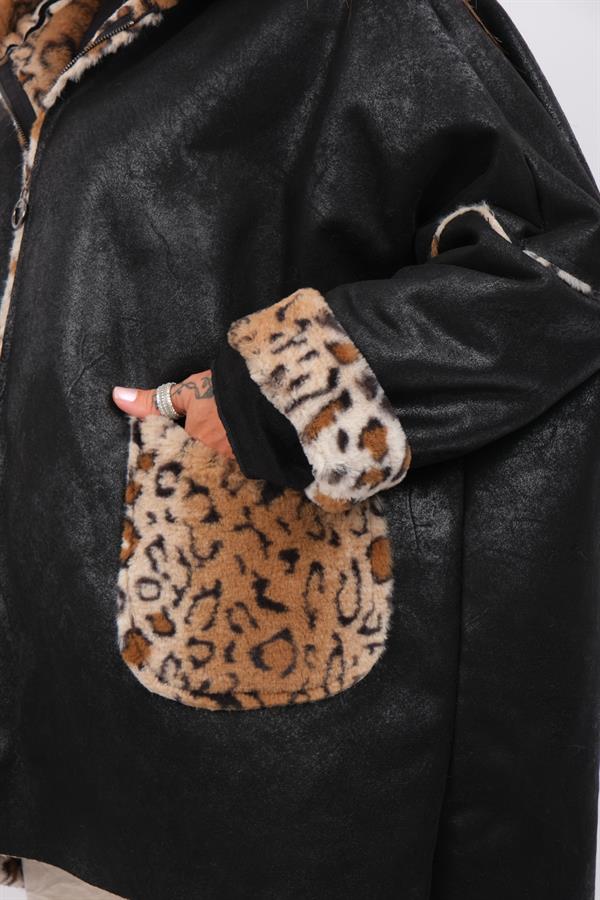 İçi Leopar Desenli Güderi Kaban Siyah Renk