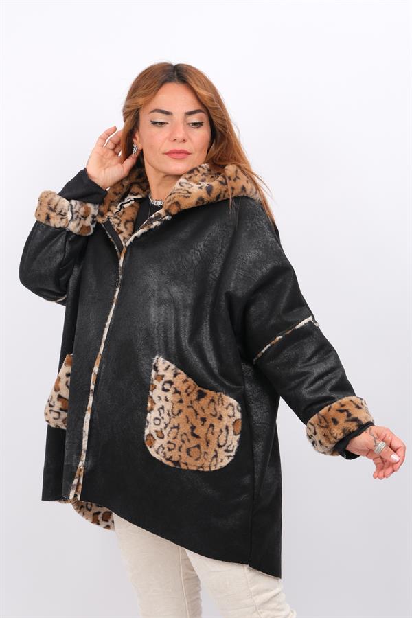 İçi Leopar Desenli Güderi Kaban Siyah Renk