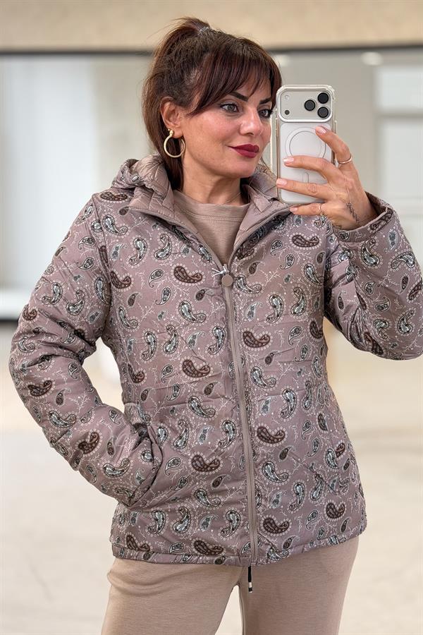 İçi Şal Desenli Çift Taraflı Kullanılan Mont Vizon Renk