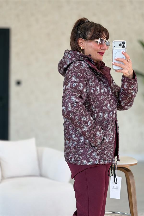 İçi Şal Desenli Çift Taraflı Kullanılan Mont Bordo Renk