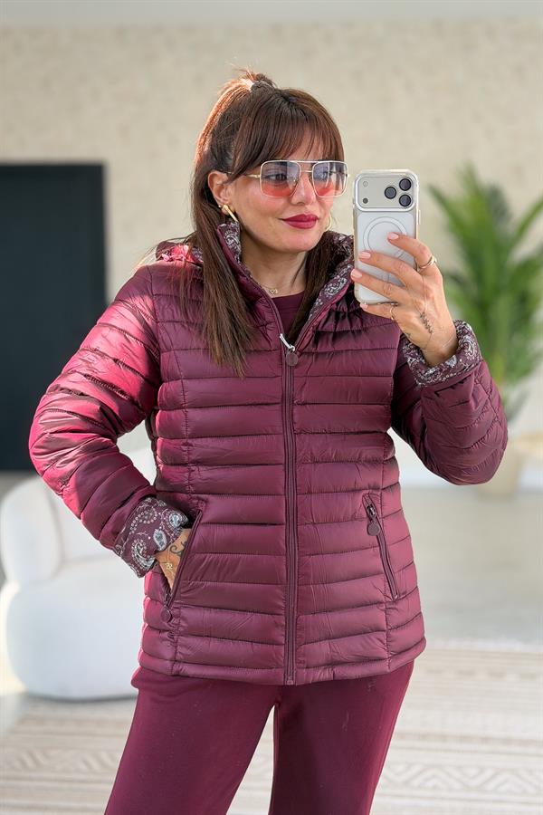 İçi Şal Desenli Çift Taraflı Kullanılan Mont Bordo Renk