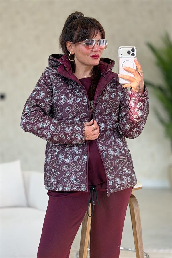 İçi Şal Desenli Çift Taraflı Kullanılan Mont Bordo Renk