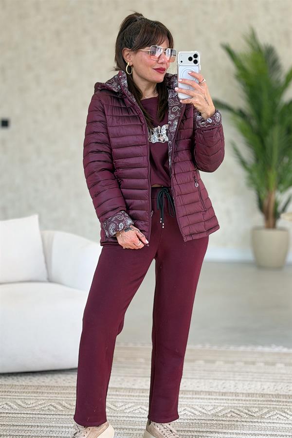 İçi Şal Desenli Çift Taraflı Kullanılan Mont Bordo Renk