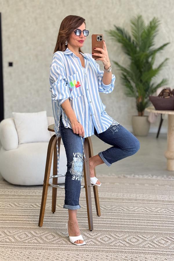 Iconic Kabartma Yazılı Kalın Çizgili Pamuklu Gömlek Bebe Mavi Renk