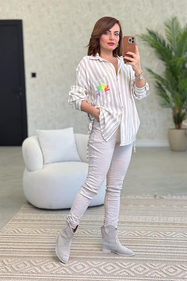 Iconic Kabartma Yazılı Kalın Çizgili Pamuklu Gömlek Bej Renk