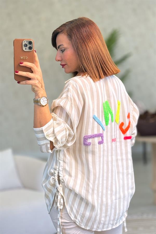 Iconic Kabartma Yazılı Kalın Çizgili Pamuklu Gömlek Bej Renk