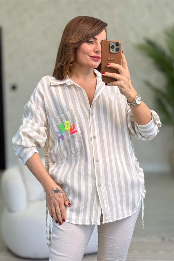 Iconic Kabartma Yazılı Kalın Çizgili Pamuklu Gömlek Bej Renk