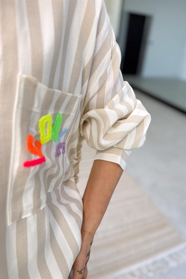 Iconic Kabartma Yazılı Kalın Çizgili Pamuklu Gömlek Bej Renk