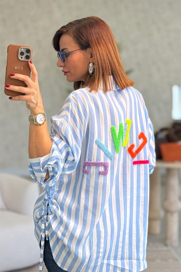 Iconic Kabartma Yazılı Kalın Çizgili Pamuklu Gömlek Bebe Mavi Renk