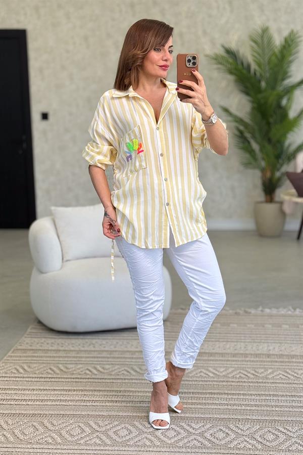 Iconic Kabartma Yazılı Kalın Çizgili Pamuklu Gömlek Sarı Renk