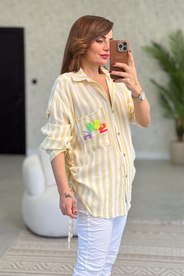 Iconic Kabartma Yazılı Kalın Çizgili Pamuklu Gömlek Sarı Renk
