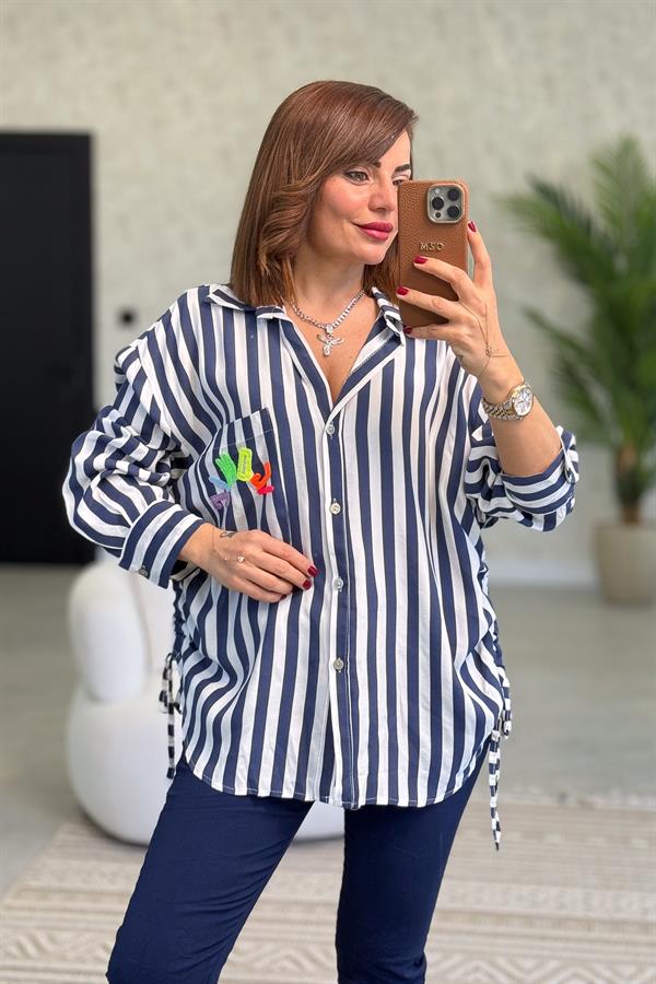 Iconic Kabartma Yazılı Kalın Çizgili Pamuklu Gömlek Lacivert Renk