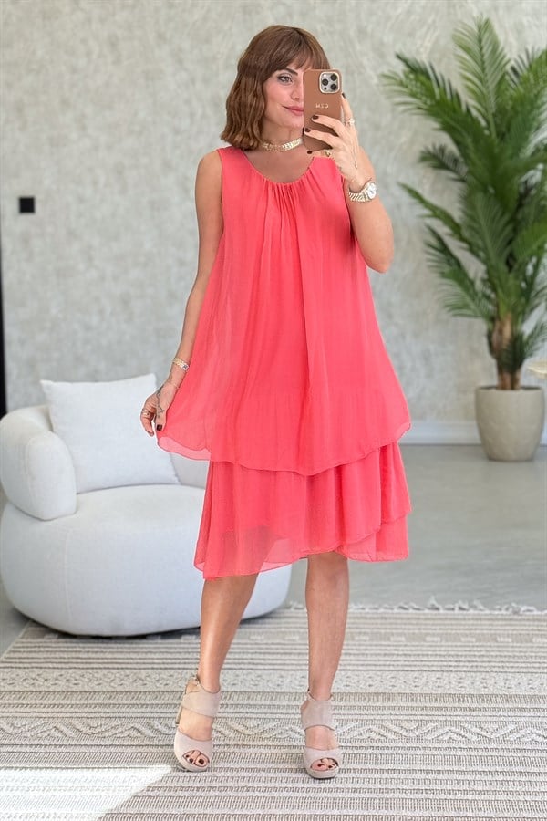 İki Katlı Kolsuz İpek Elbise Mercan RenkELBİSE