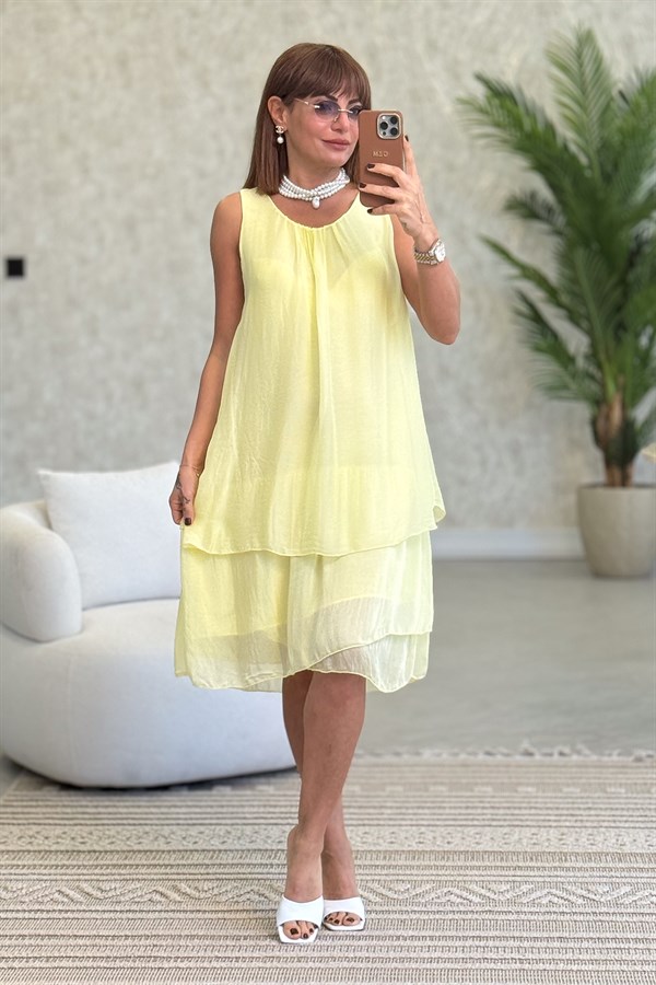 İki Katlı Kolsuz İpek Elbise Sarı Renk