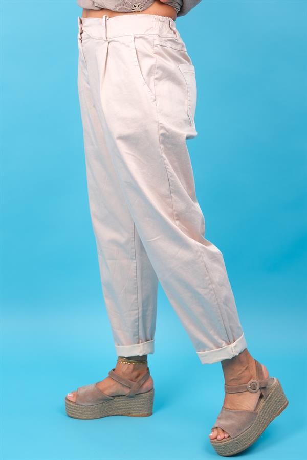 İnci Kalp Düğmeli Likralı Tensel Pantolon Bej Renk