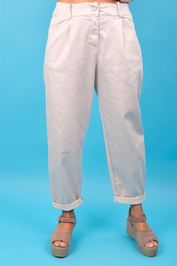 İnci Kalp Düğmeli Likralı Tensel Pantolon Bej Renk