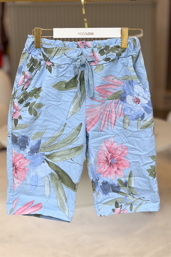 İri Çiçek Desenli Likralı Şort Bebe Mavi RenkŞORT