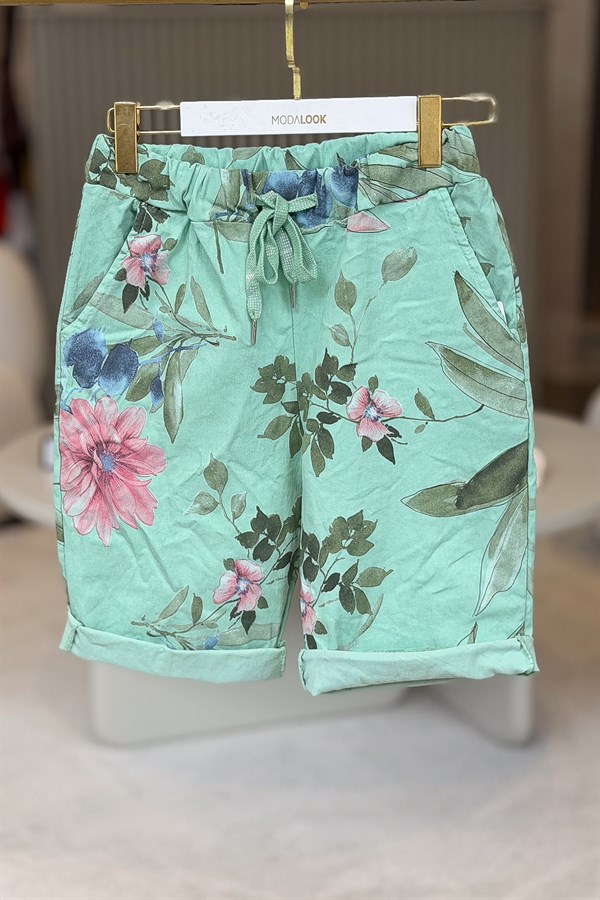 İri Çiçek Desenli Likralı Şort Mint RenkŞORT