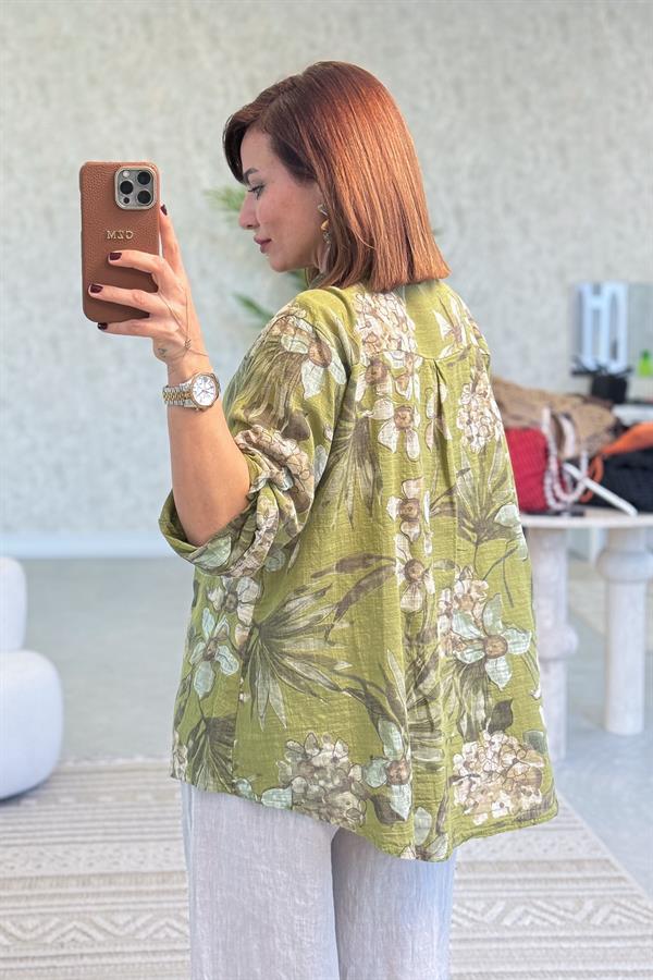 İri Çiçek Detay Hakim Yaka Pamuklu Gömlek Asit Renk