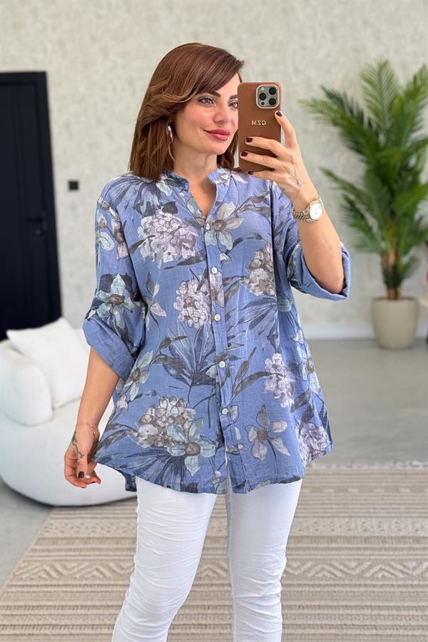 İri Çiçek Detay Hakim Yaka Pamuklu Gömlek İndigo Renk