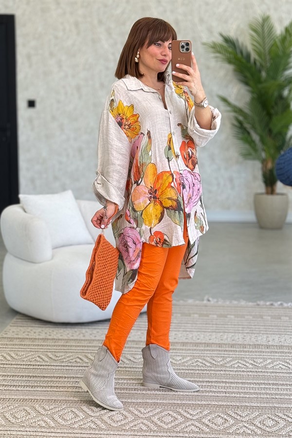 İri Çiçek Detaylı Keten Gömlek Tunik Bej Renk