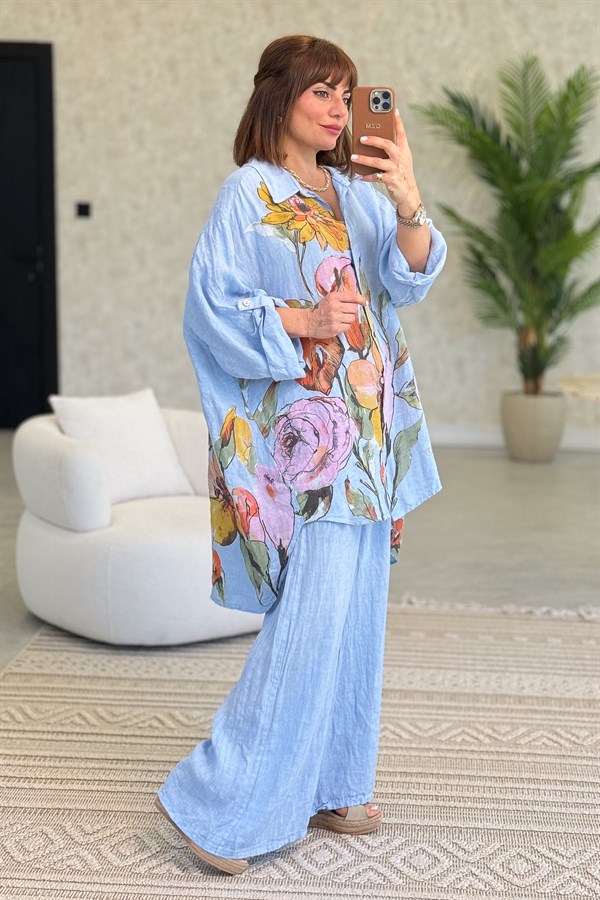 İri Çiçek Detaylı Keten Gömlek Tunik Bebe Mavi Renk