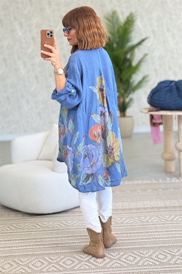 İri Çiçek Detaylı Keten Gömlek Tunik İndigo Renk