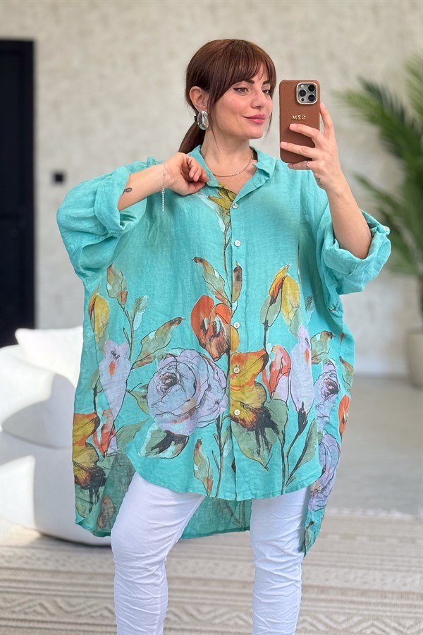 İri Çiçek Detaylı Keten Gömlek Tunik Mint Renk