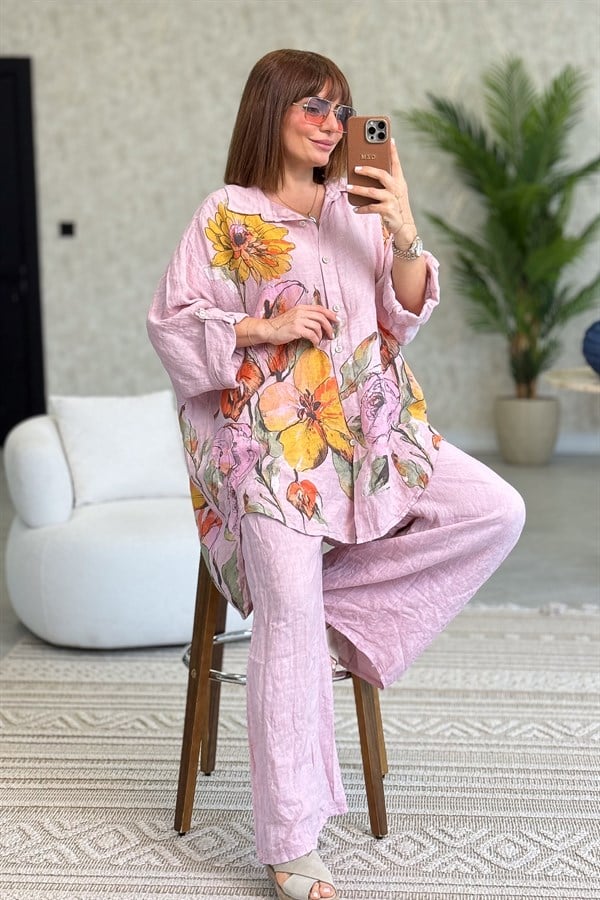 İri Çiçek Detaylı Keten Gömlek Tunik Pudra Renk