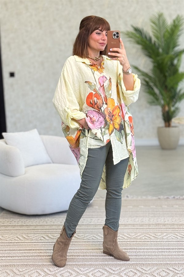 İri Çiçek Detaylı Keten Gömlek Tunik Sarı Renk