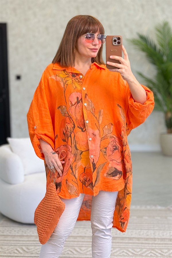 İri Çiçek Detaylı Keten Gömlek Tunik Turuncu Renk