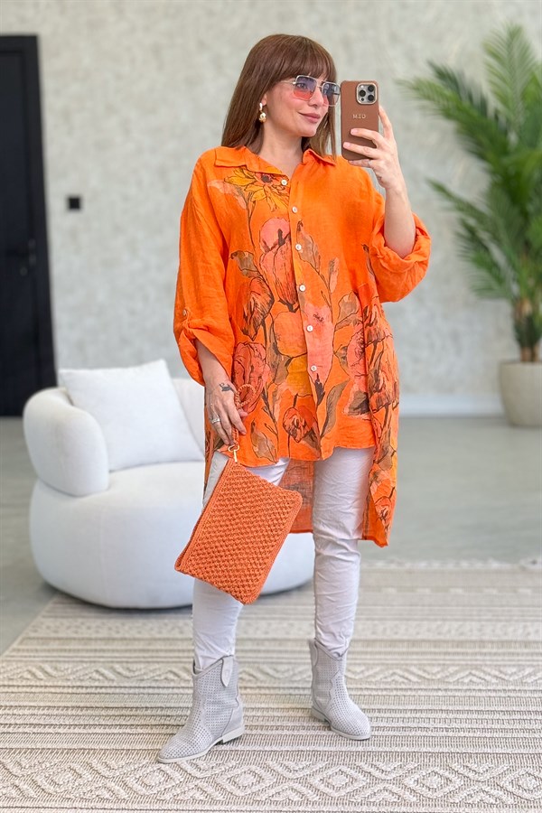 İri Çiçek Detaylı Keten Gömlek Tunik Turuncu Renk