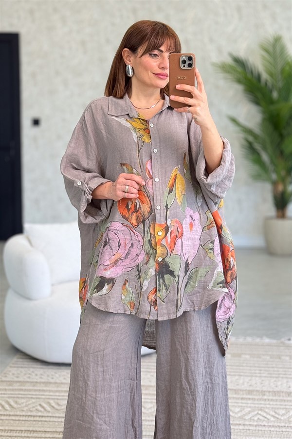 İri Çiçek Detaylı Keten Gömlek Tunik Vizon Renk