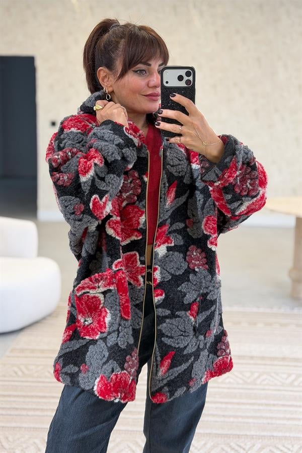 İri Çiçek Kabartmalı Keçe Kaban Gri Renk