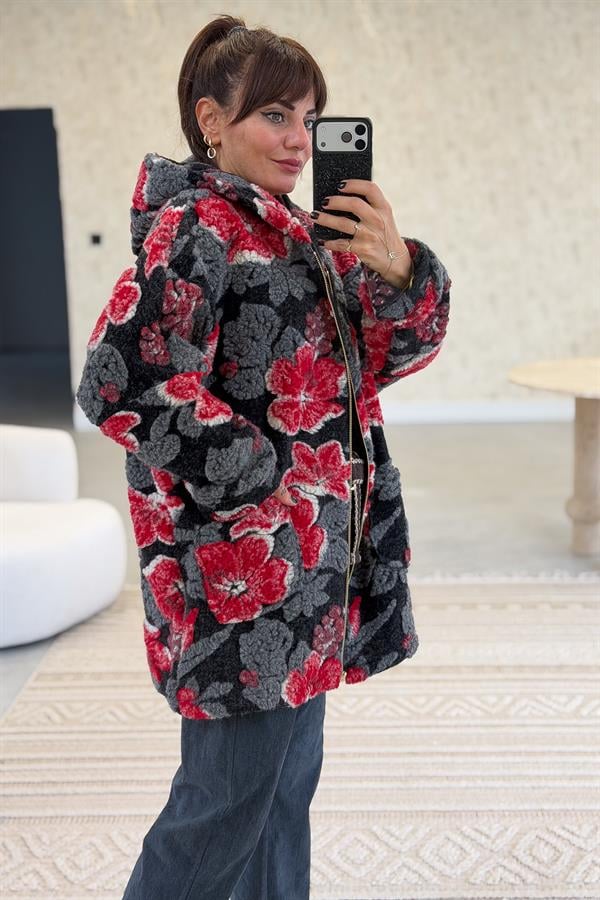 İri Çiçek Kabartmalı Keçe Kaban Gri Renk