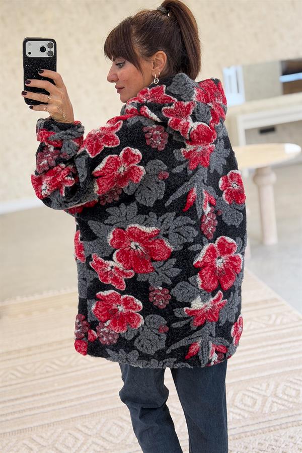 İri Çiçek Kabartmalı Keçe Kaban Gri Renk