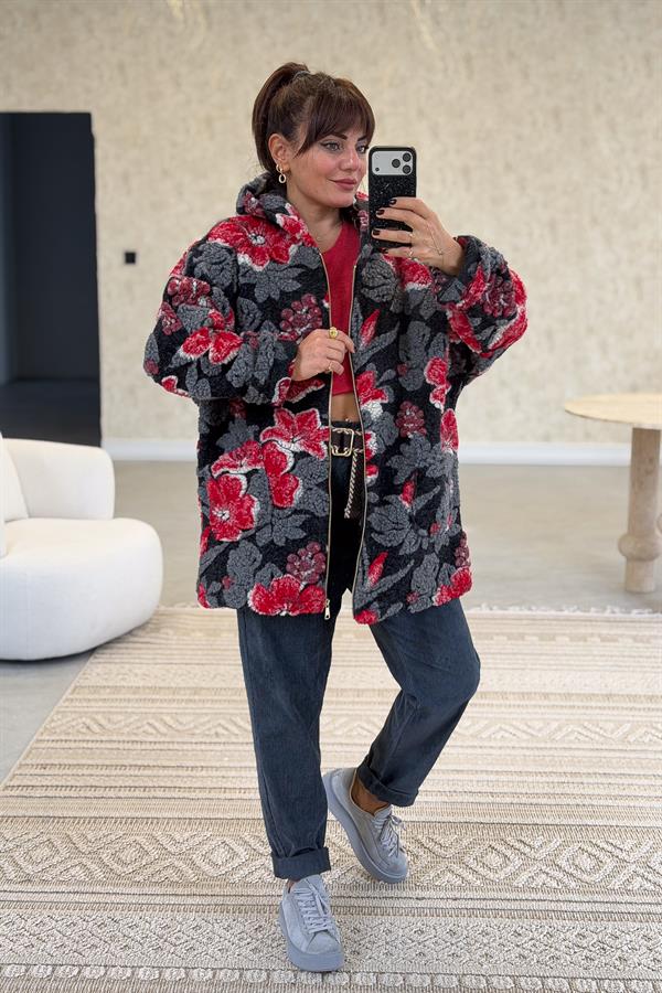 İri Çiçek Kabartmalı Keçe Kaban Gri Renk