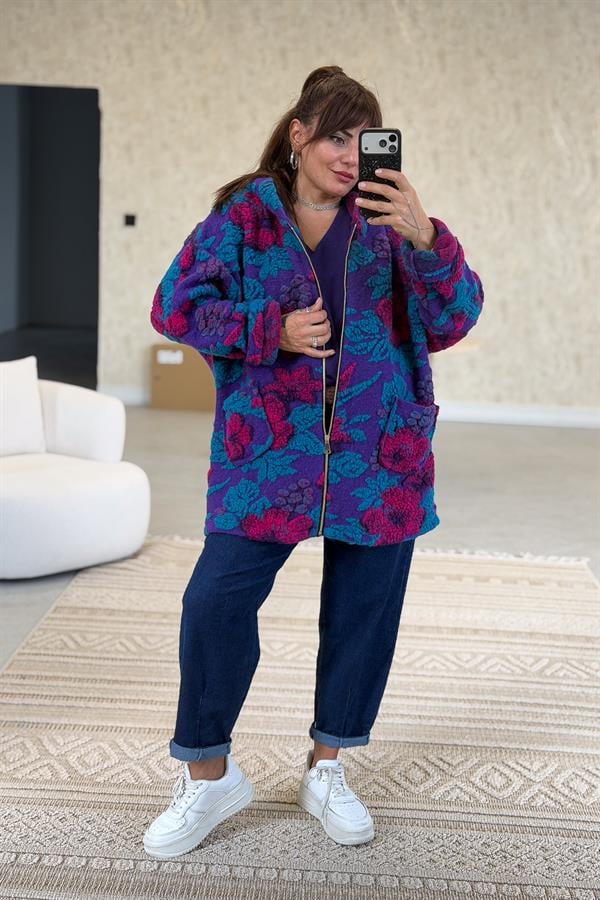 İri Çiçek Kabartmalı Keçe Kaban Mor Renk