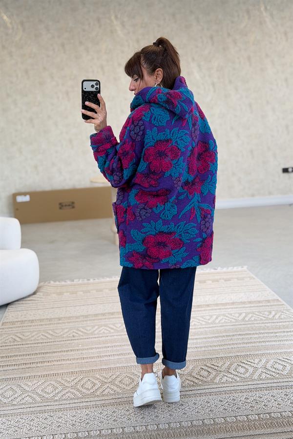 İri Çiçek Kabartmalı Keçe Kaban Mor Renk