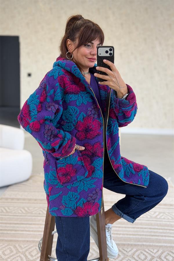 İri Çiçek Kabartmalı Keçe Kaban Mor Renk